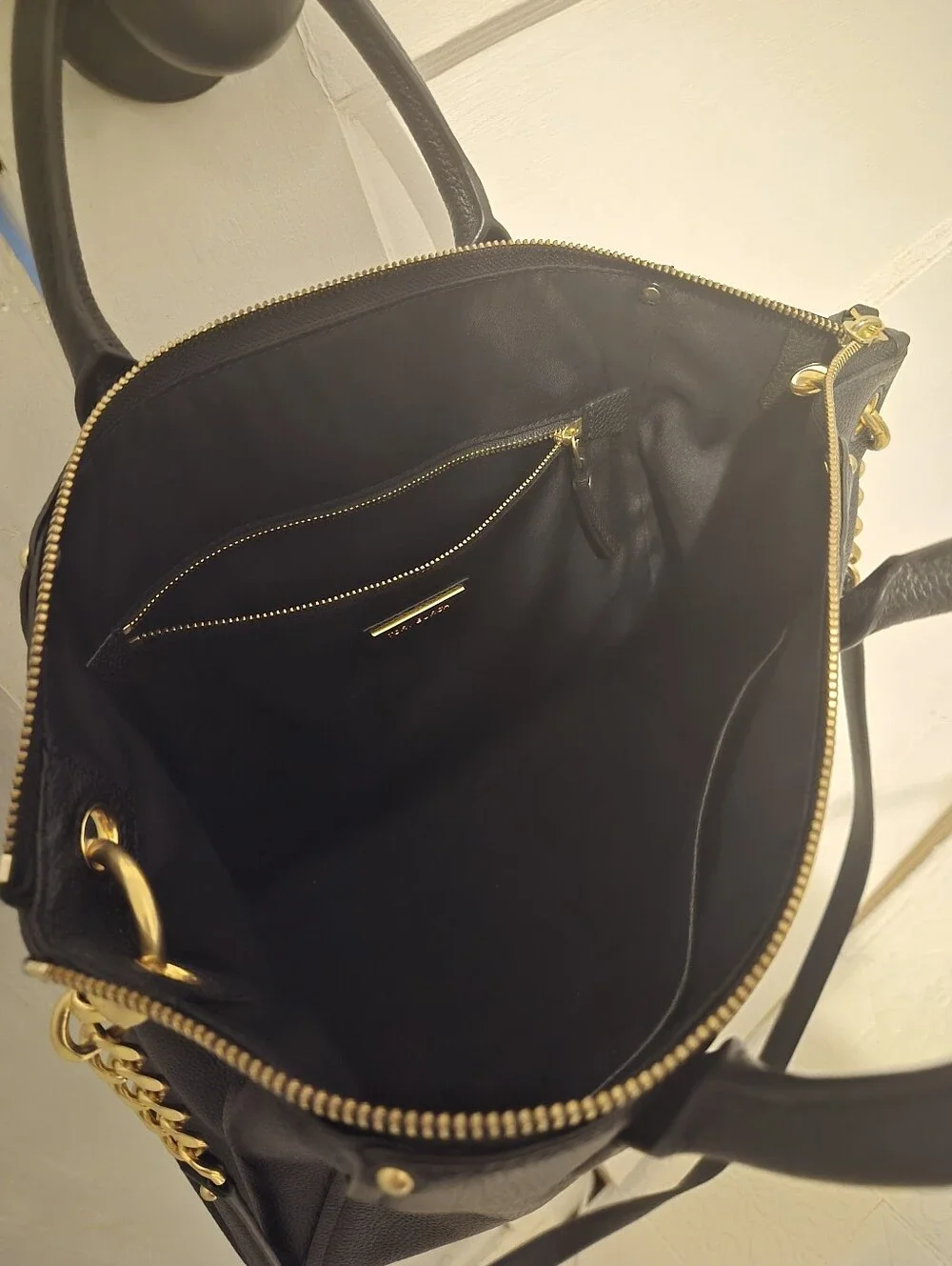 Tory Burch Black Pebbled Leather Satchel with Gold-Tone Logo